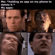 a meme of a man holding an app on his phone to delete it