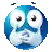 a pixel art of a blue smiley face with white eyes and hands covering its mouth .