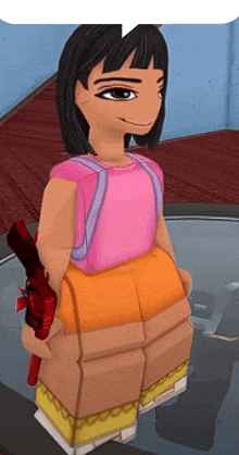 a cartoon girl in a pink shirt and orange shorts is holding a bloody knife .