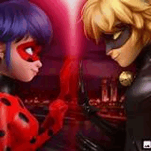 ladybug and cat noir from miraculous ladybug are standing next to each other in a room .