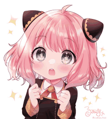 a little girl with pink hair and green eyes is wearing a cat ear headband