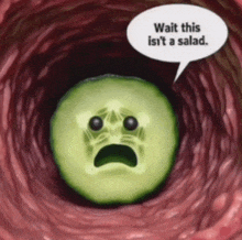 a picture of a cucumber with a sad face and a speech bubble that says wait this is n't a salad