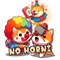 a cartoon of a dog dressed as a clown with the words no horni written below them