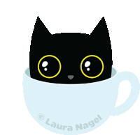 a black cat is sitting in a blue cup with the name laura nagel on the bottom