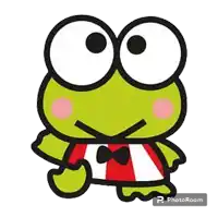 keroppi the frog from sanrio is wearing a red and white striped shirt and bow tie .