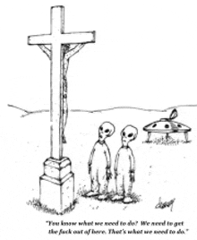 a black and white cartoon of two aliens standing under a cross