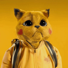 a cat wearing a yellow jacket has a backpack on its back