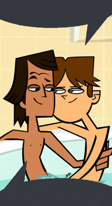 two cartoon characters are hugging in a bathtub with sharks in the background