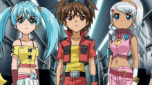 three anime characters standing next to each other with one girl wearing a pink outfit