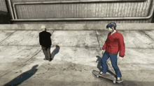 a man in a red shirt is riding a skateboard while another man looks on