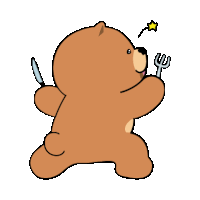 a teddy bear holding a knife and fork with a star in the background