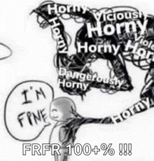 a black and white drawing of a person saying `` i 'm fine '' surrounded by horny words .