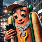 a cartoon hot dog wearing a hat and headphones is looking at a cell phone