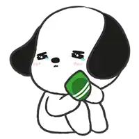 a black and white cartoon dog is crying while holding a cup .