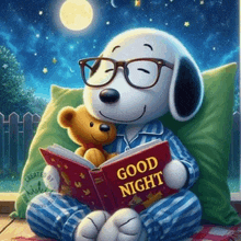 snoopy is reading a good night book to his teddy bear