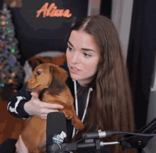 a woman holds a small brown dog in front of a microphone with a neon sign that says aline in the background