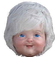 a close up of a baby 's face with white hair and blue eyes