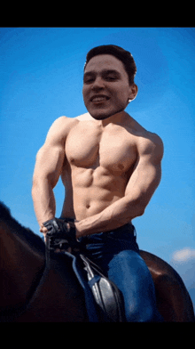 a man without a shirt is riding a horse