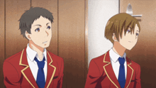 two anime characters wearing red suits and ties