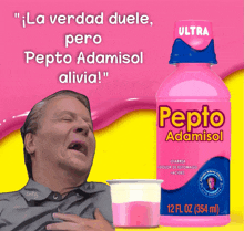 a pink bottle of pepto adamsol sits next to a man holding his chest