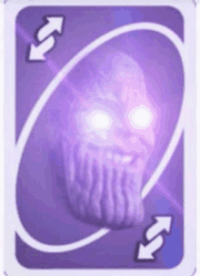 a purple playing card with a picture of thanos ' face on it .