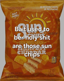 a bag of chips that says bait used to be holy shit are those sun chips on it