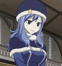 a girl with blue hair and a white hat with a yellow flower on it