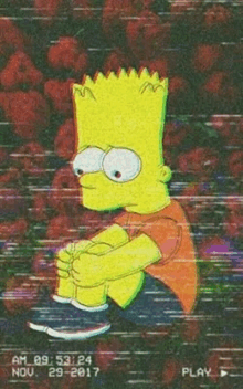 bart simpson is sitting in front of a pile of red hearts on a video tape .