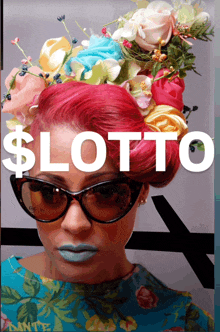 a woman with red hair wearing sunglasses and flowers in her hair has the word lotto above her