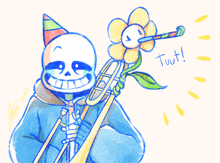 a drawing of a skeleton holding a trumpet and a flower with the word tout written on the bottom