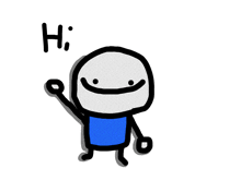 a cartoon character says hi with a blue shirt