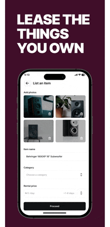 a phone screen that says " lease the things you own " at the top
