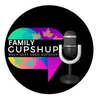 a logo for family gupshup shows a microphone and a colorful speech bubble