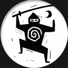 a black and white drawing of a ninja holding a sword in a circle