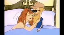 a cartoon of a man and woman having sex in a bed .