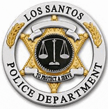 the los santos police department logo is a sheriff 's badge with scales of justice in the center .