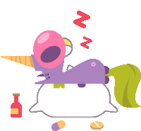 a purple unicorn is sleeping on a white pillow next to pills and a bottle