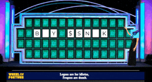 a woman stands in front of a wheel of fortune game board