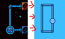 a pixel art drawing of a door and arrows pointing to it