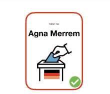 a sign that says agna merrem with a hand putting a ballot into a box