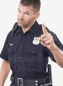 a police officer is giving a thumbs up and pointing at the camera .