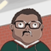 a cartoon man with glasses and a mustache is wearing a green shirt .