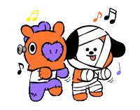 a cartoon drawing of two stuffed animals dancing to music