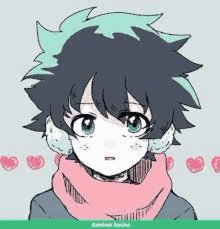 a drawing of a boy with green hair wearing ear muffs and a pink scarf .