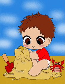 a cartoon of a child playing in the sand with a crab