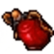 a pixel art illustration of a red apple with a gold chain around it .