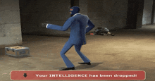 a man in a blue suit is dancing in front of a red sign that says " your intelligence has been dropped "