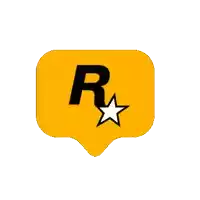 a yellow rectangle with a black letter r and a white star