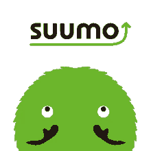 a green cartoon character with a smiling face and the word suumo underneath it