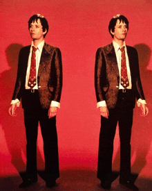 a man in a suit and tie is standing in front of a red wall